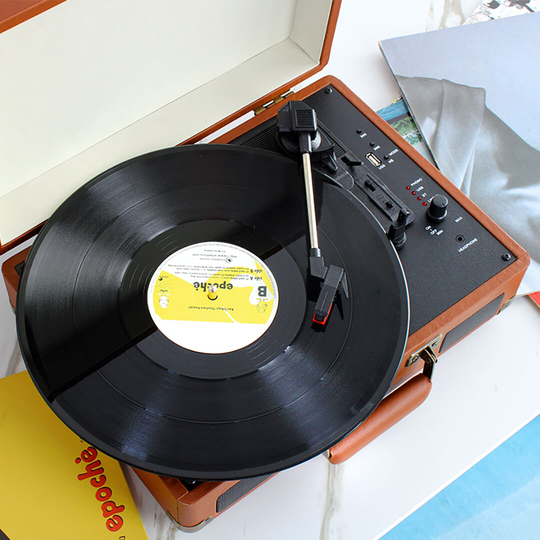 PU Leather Deluxe Turntable Record Player - Brown & Black Brown