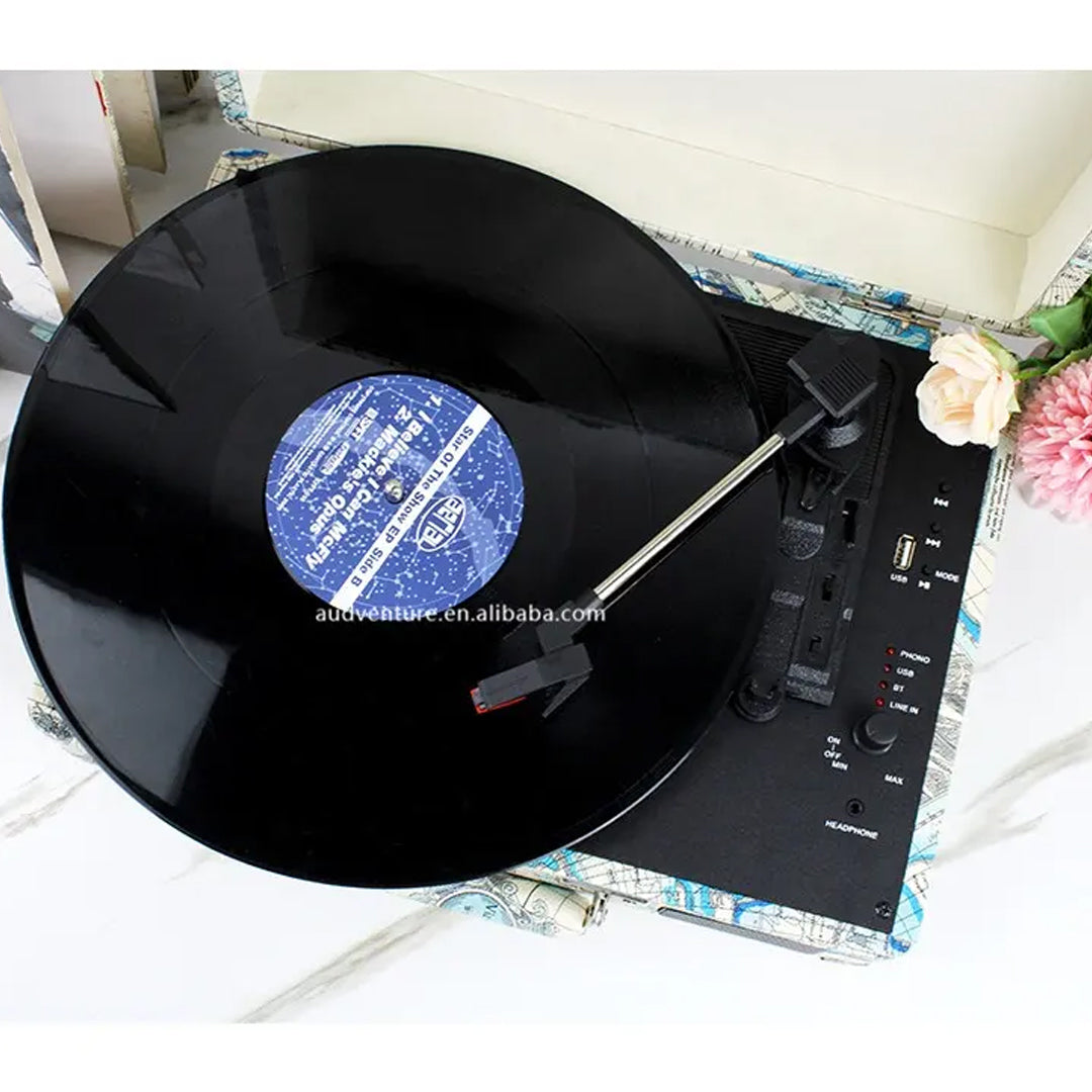Signature World Map PU Leather Deluxe Turntable Record Player