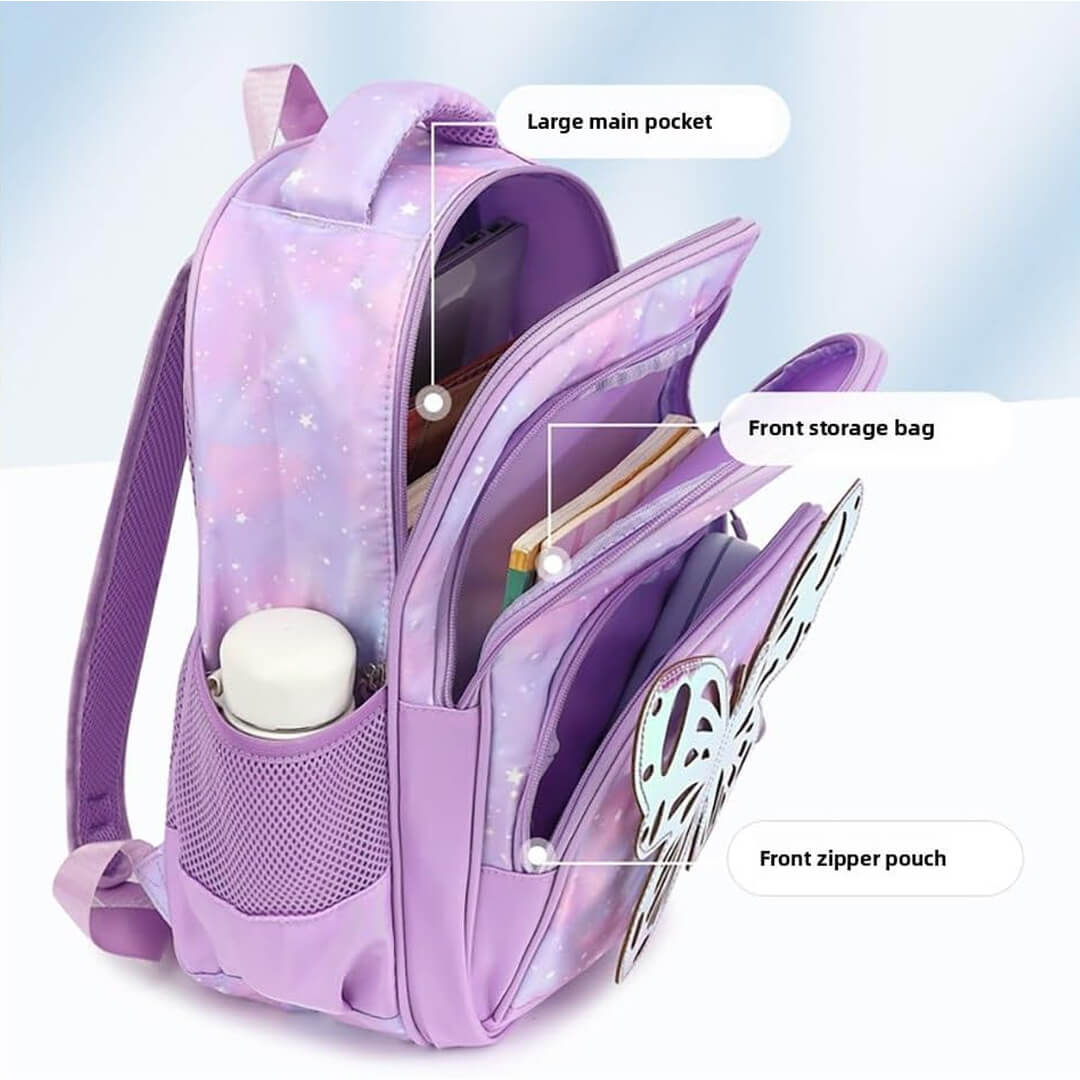 Purple butterfly backpack with decorative butterfly wings