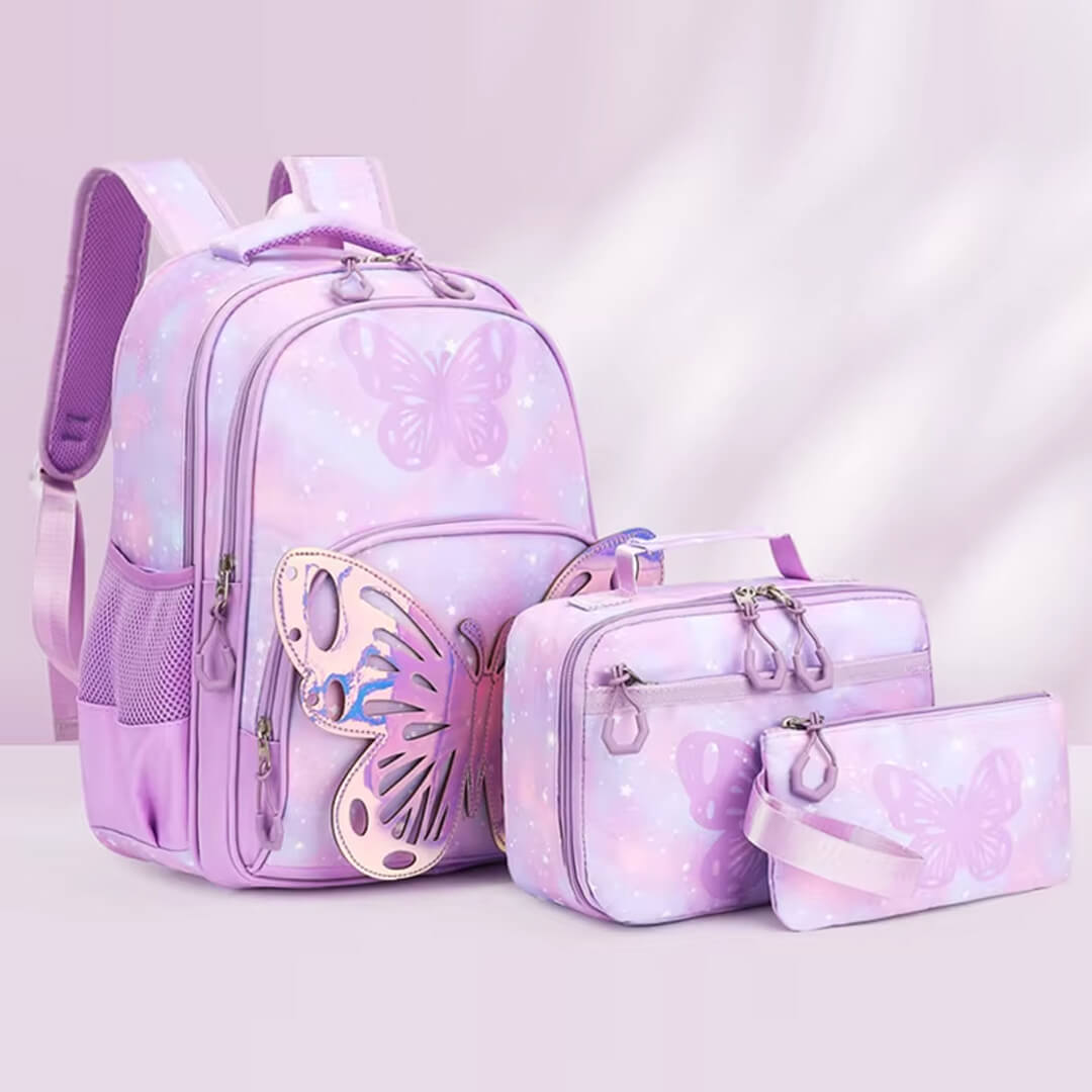 Purple school backpack with large storage compartments
