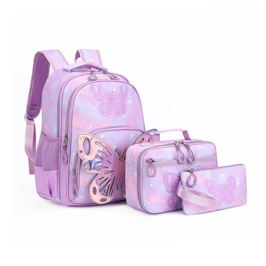 Purple Butterfly Wings 3-piece school backpack set for girls