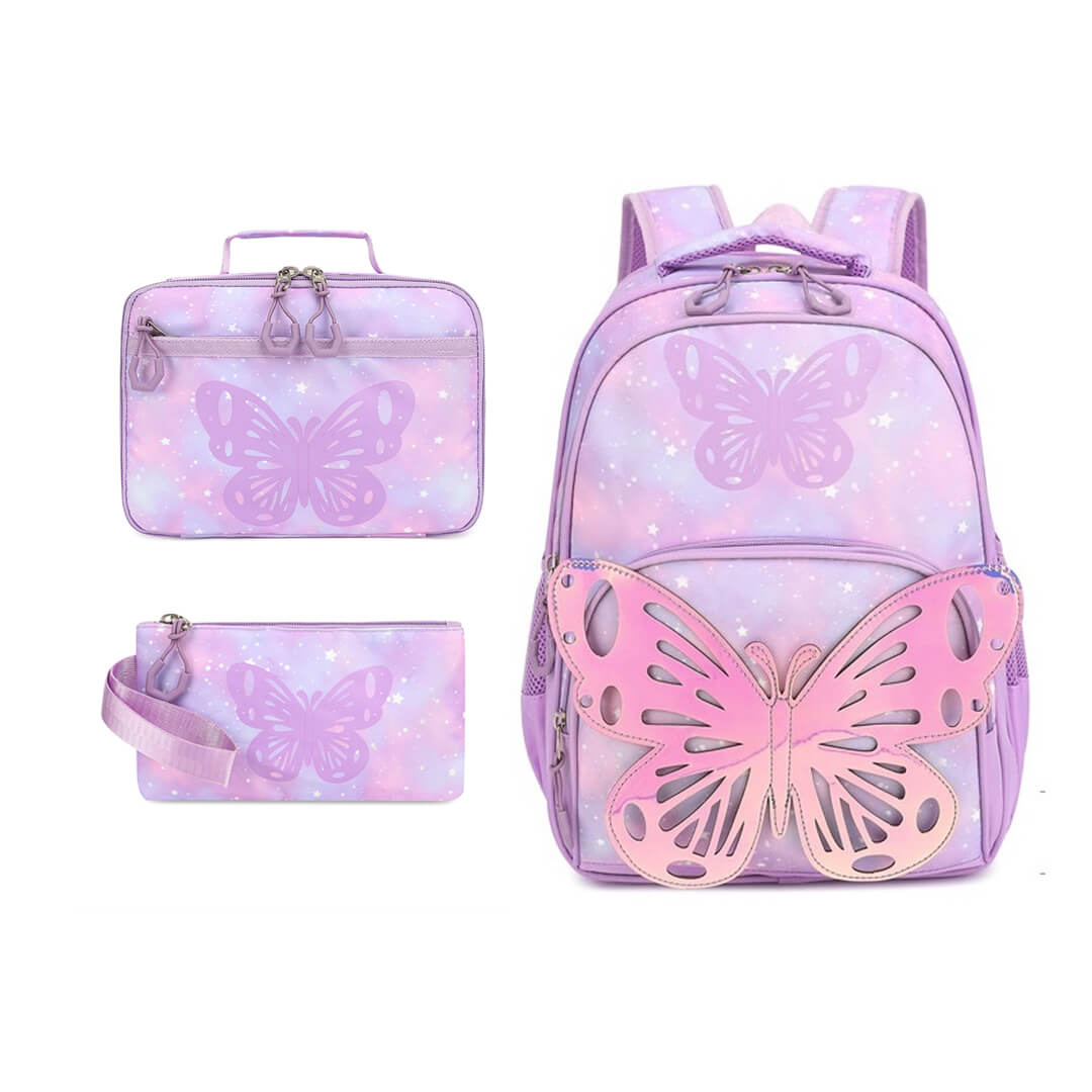 Girls purple butterfly backpack with lunch bag and pencil case