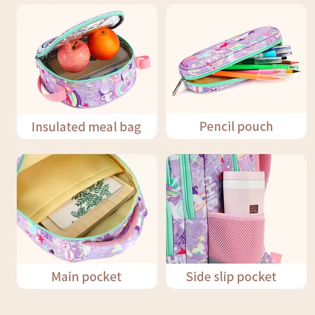 School Unicorn backpack set with insulated lunch bag and pencil case