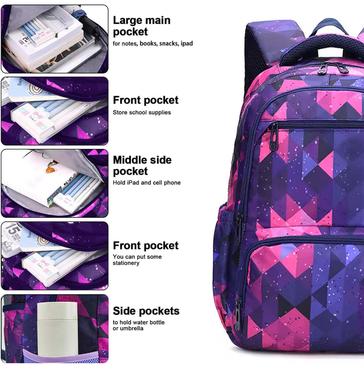 Lightweight geometric backpack set for students age 9 to 17 years