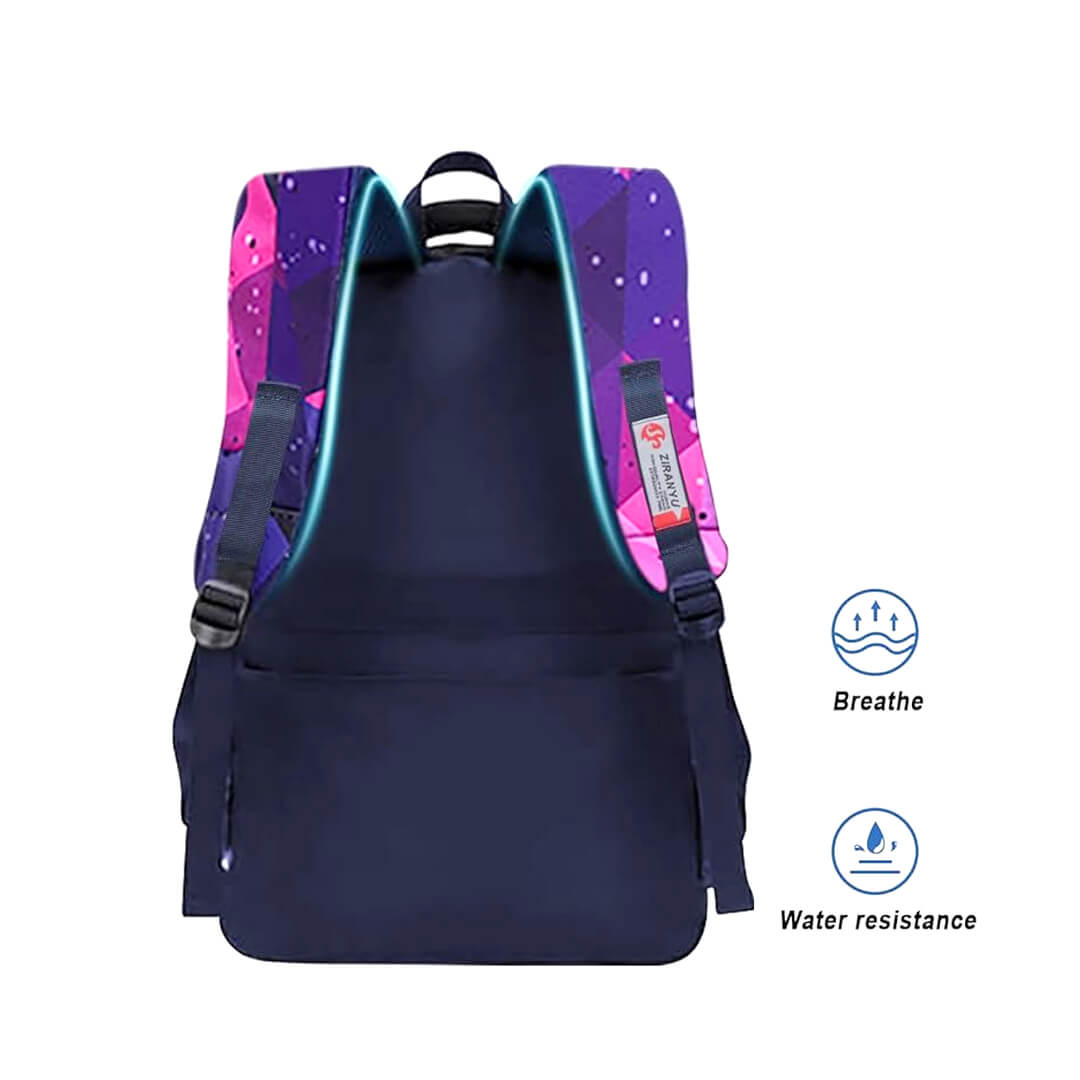 Girls' purple and pink geometric  backpack set with multiple compartments 