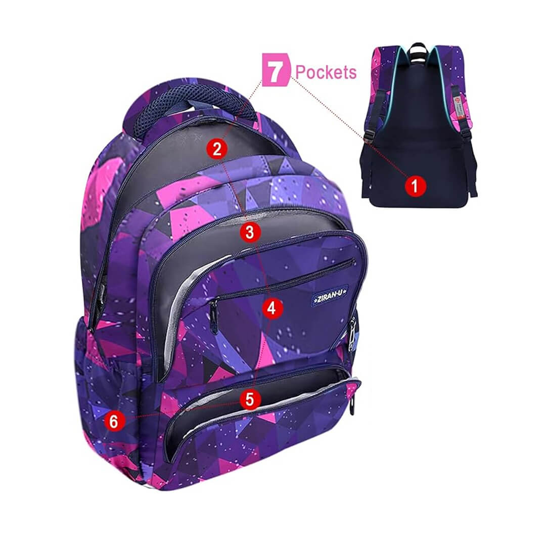 Purple water-resistant geometric pattern school backpack for girls