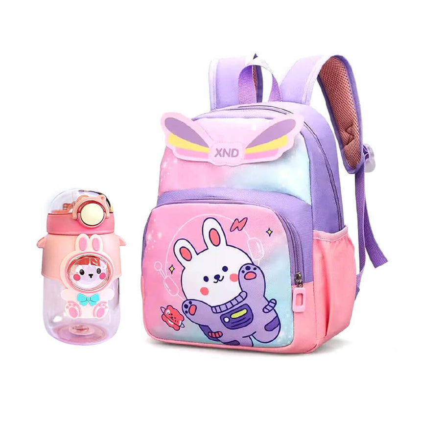 Astronaut rabbit backpack in pink and purple with a matching water bottle for kindergarten classes