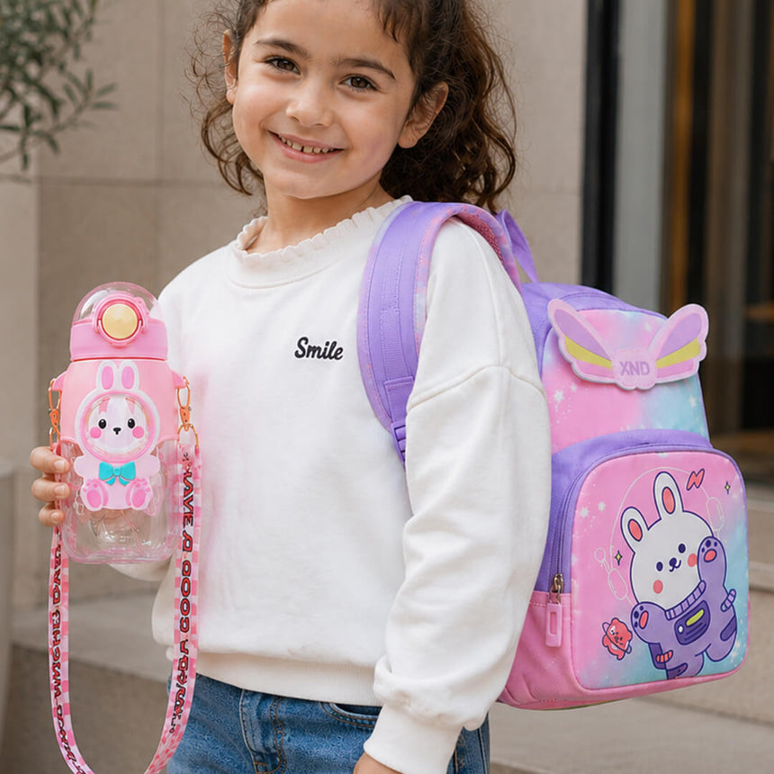Astronaut rabbit-themed school backpack with matching pink water bottle for girls in preschool to kindergarten