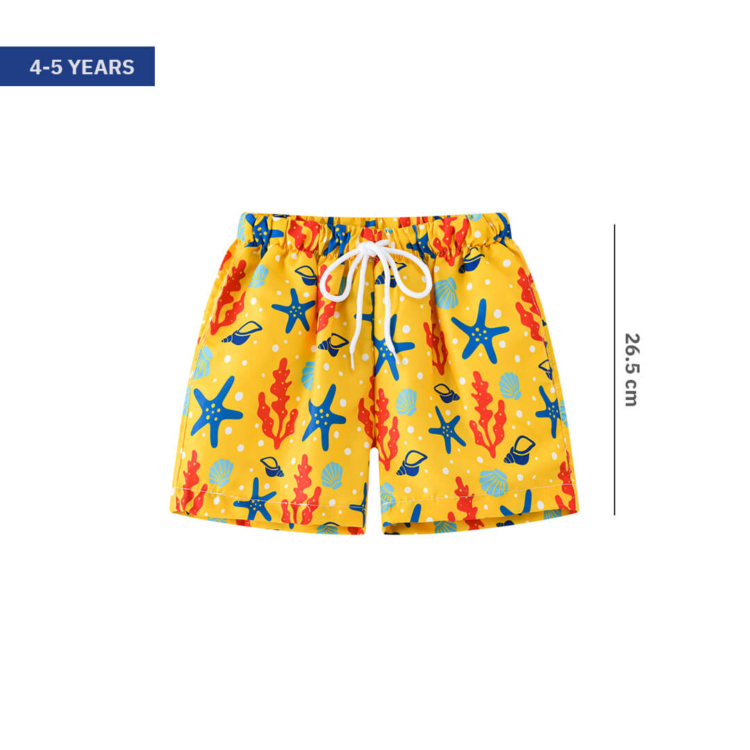 Boys' swim shorts with elastic waistband and sea star print, for  4-5 years
