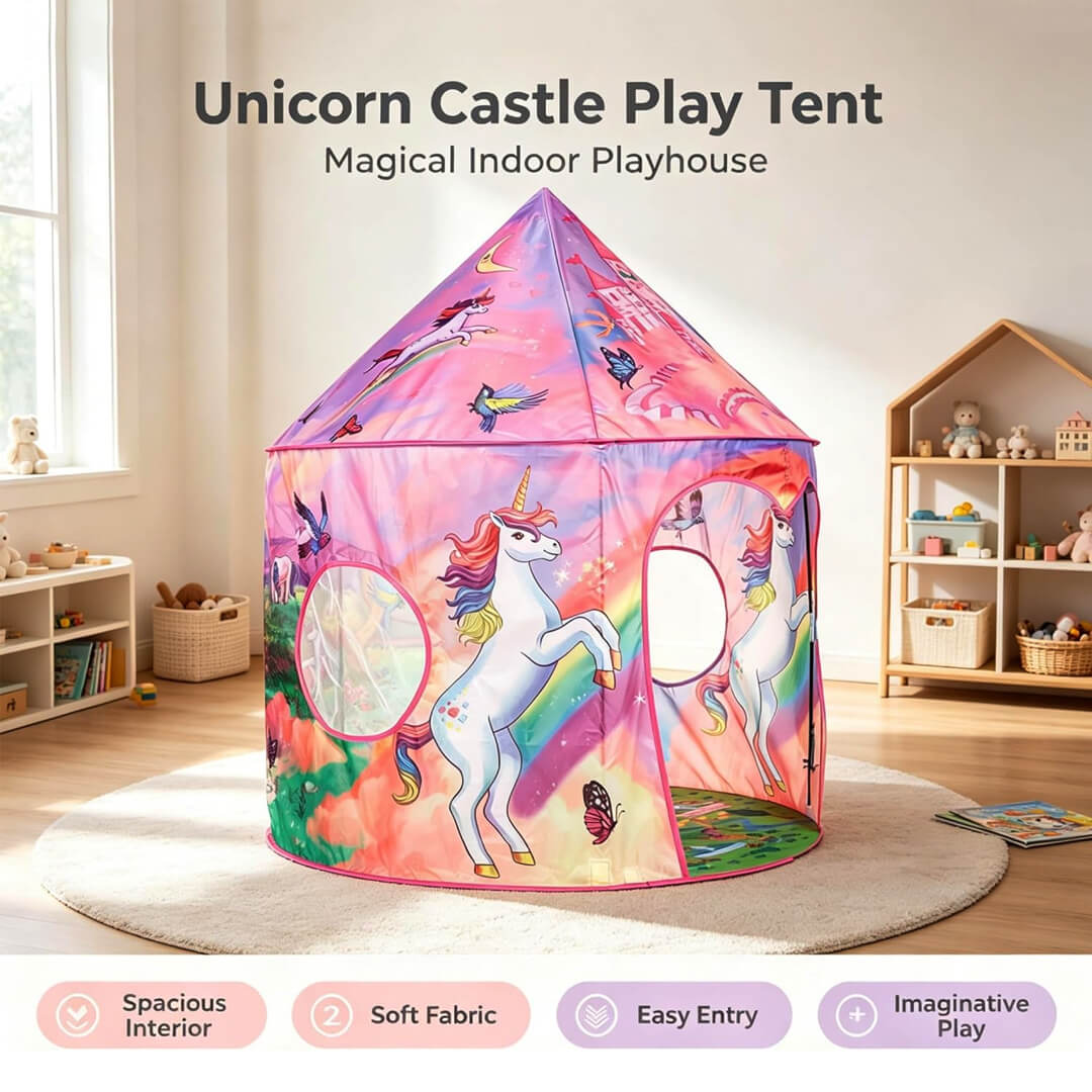 Portable unicorn kids tent with colorful print and soft water-resistant fabric