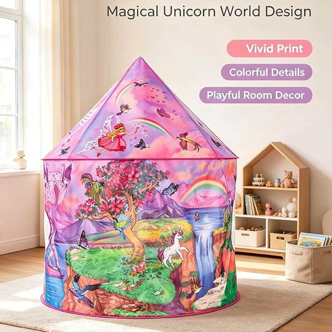 Foldable unicorn tent for kids with rainbow design