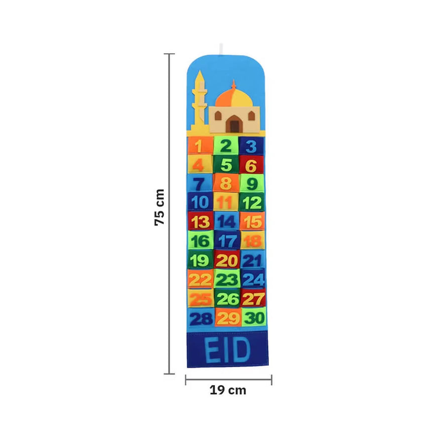 Felt Eid calendar wall hanging with numbered pockets, dimensions