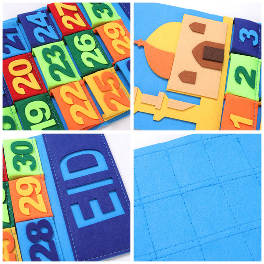 Eid Mubarak felt wall decoration with 30 colourful pockets, detailed shots
