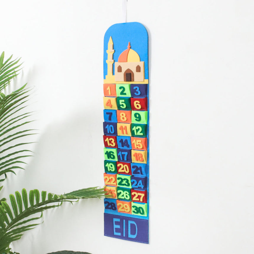 Colorful felt Eid Mubarak countdown calendar with 30 pockets