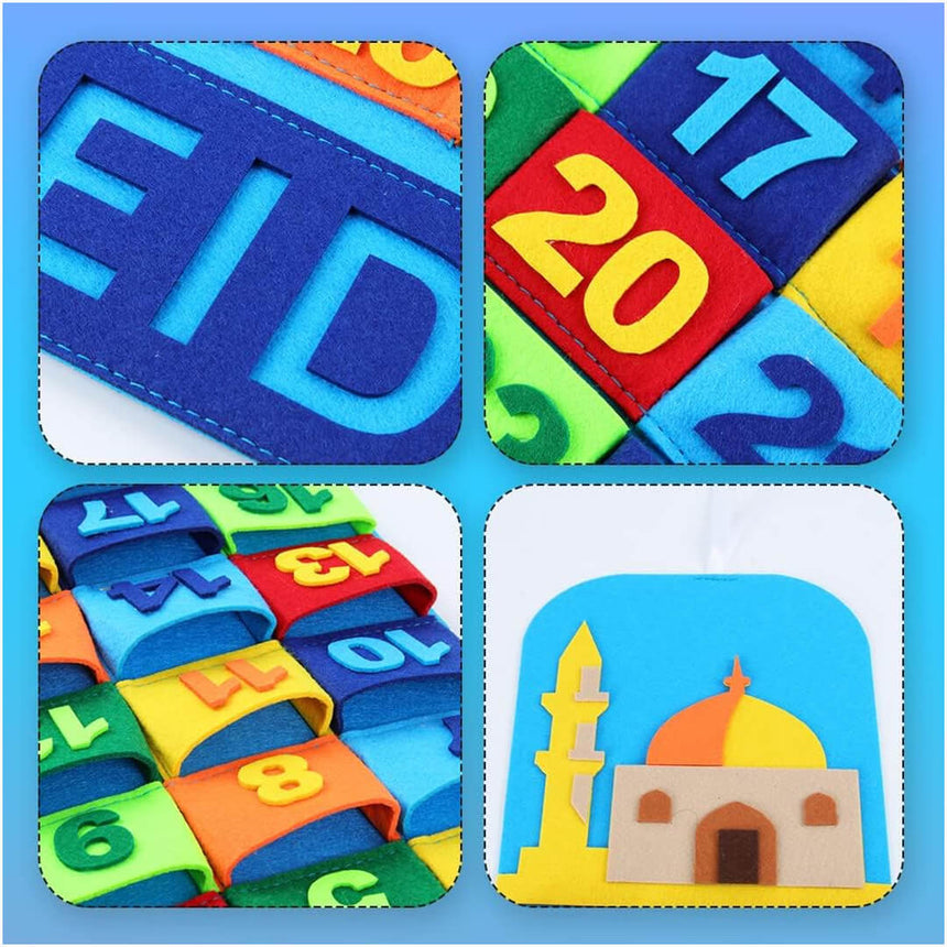 Felt Eid wall hanging with 30 pocket countdown design, close-up shot