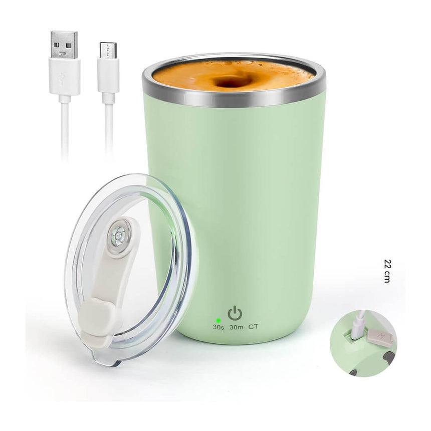 Green rechargeable and insulated mug with USB cable 