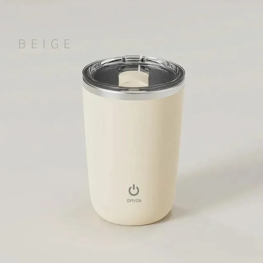 Magnetic rechargeable self-stirring mug in pastel beige color
