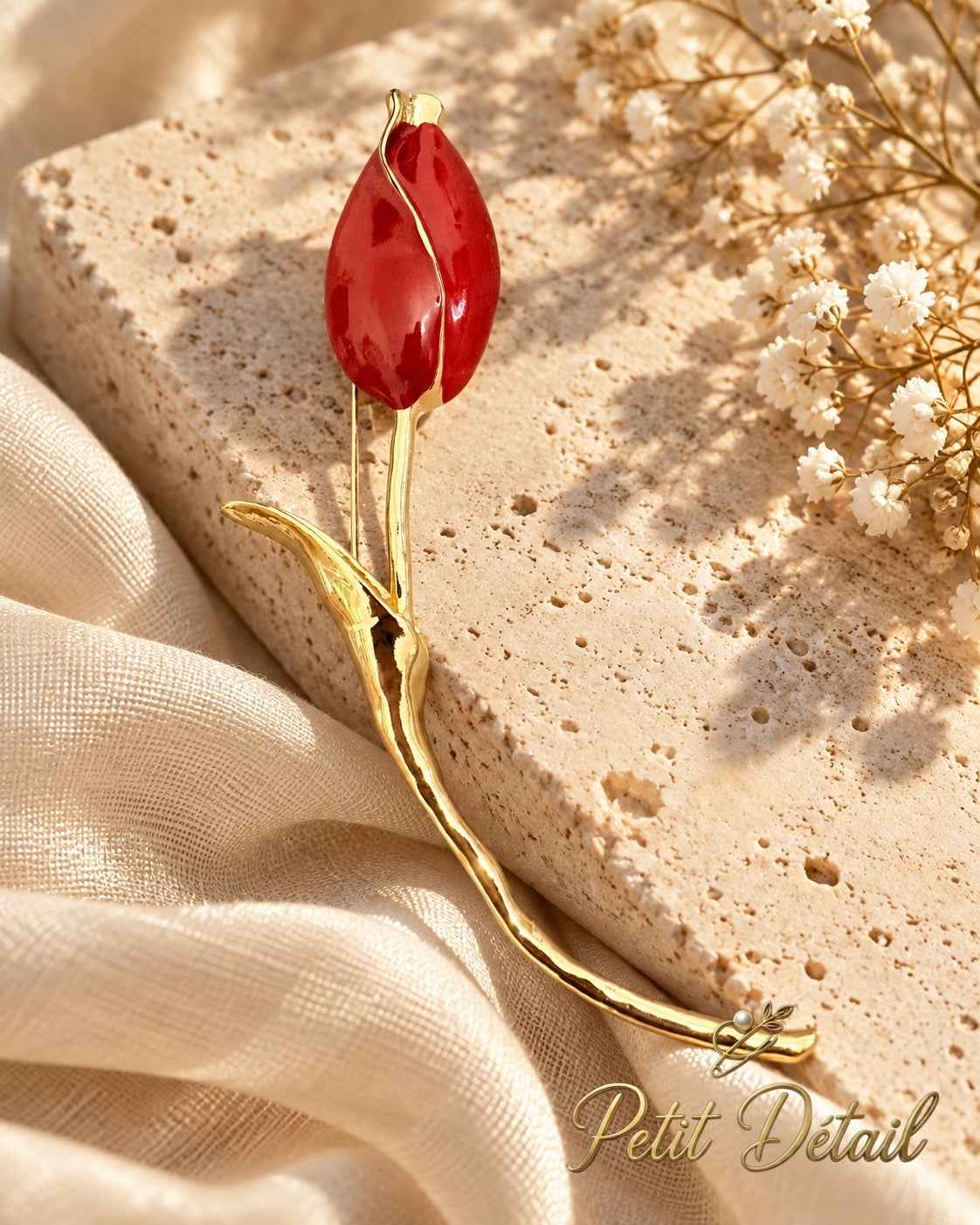 Red Enamel Long-Stem Tulip Brooch Petit Détail Lebanon