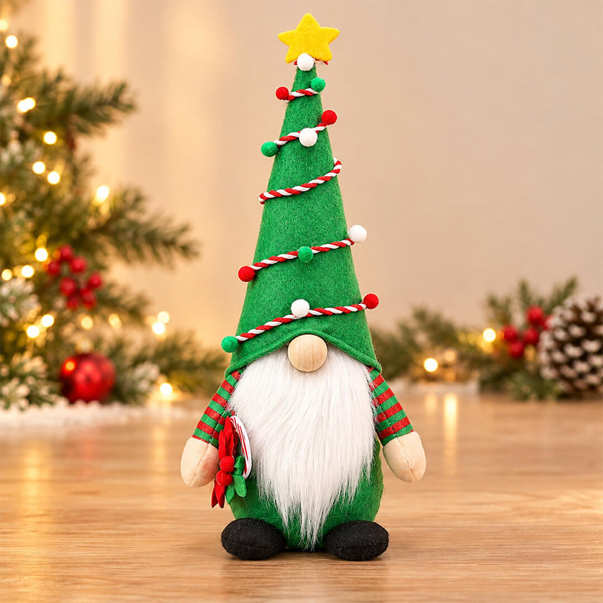 Green Christmas gnome with Christmas tree-style hat