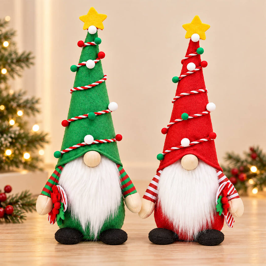 Red and green Christmas gnomes with festive tree hats