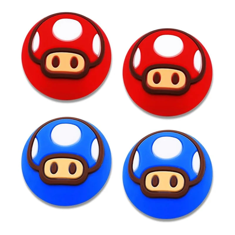 Four mushroom-shaped buttons, two red and two blue, on a white background.