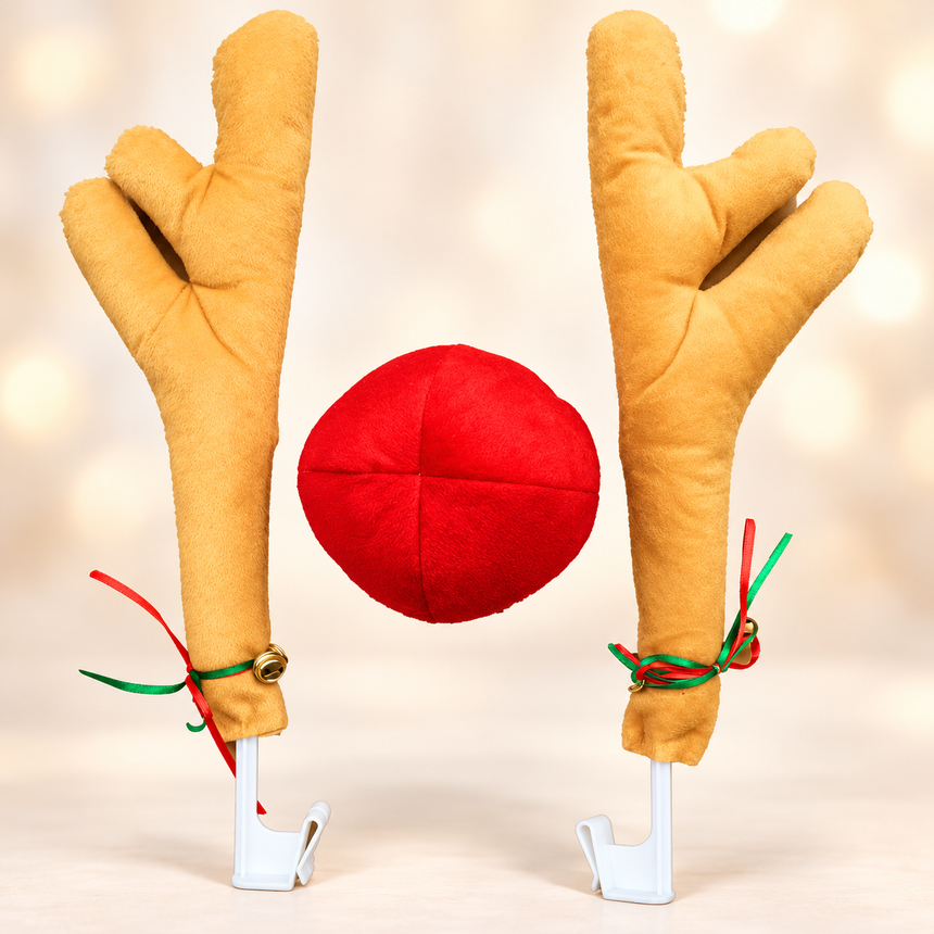 Christmas reindeer car decoration set, two plush antlers and one red nose