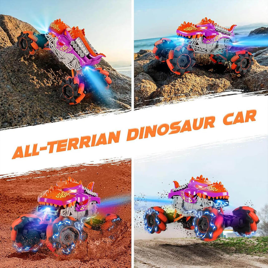 All-terrain RC dinosaur car splashing through a small puddle