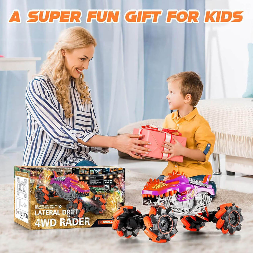 RC Dinosaur Monster Truck Car displayed in packaging for ages 7 and up