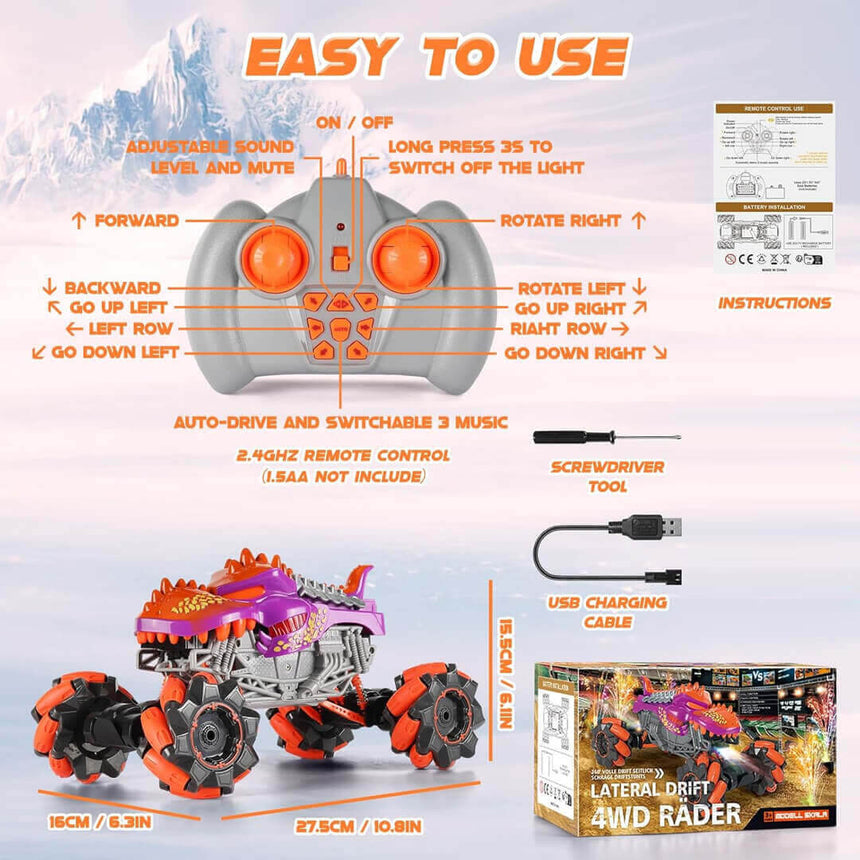 Remote control toy vehicle with instructions and specifications