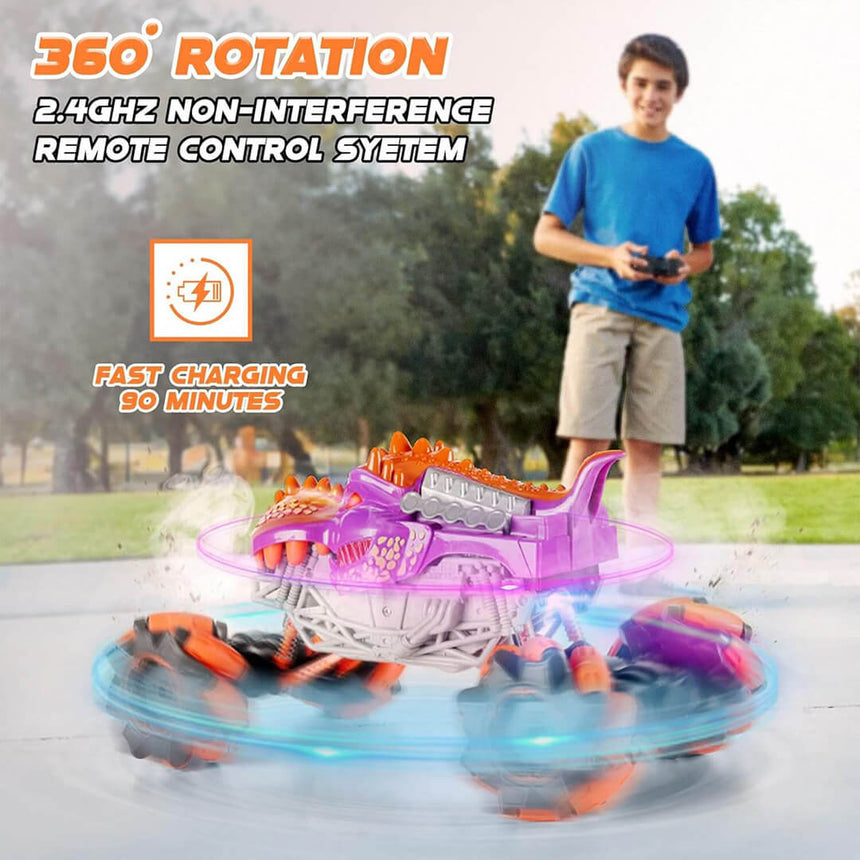Remote-controlled dinosaur monster truck spinning on an outdoor surface.