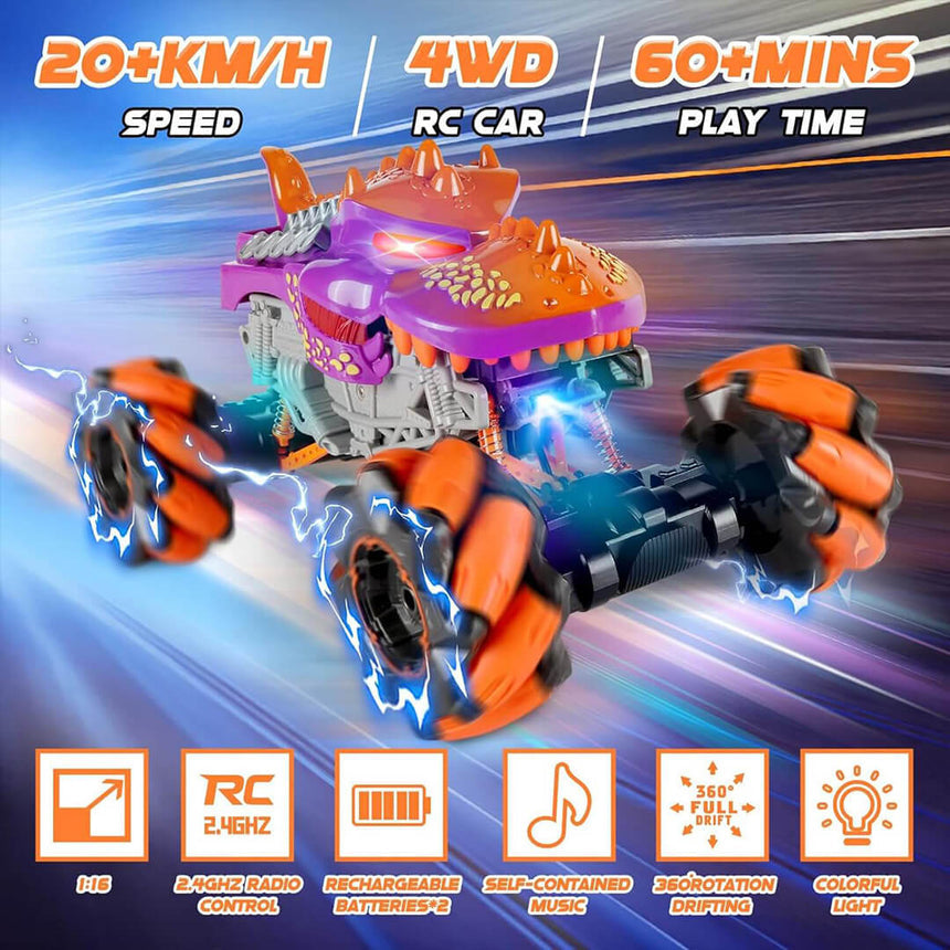 Rechargeable remote-controlled dinosaur truck with music and light