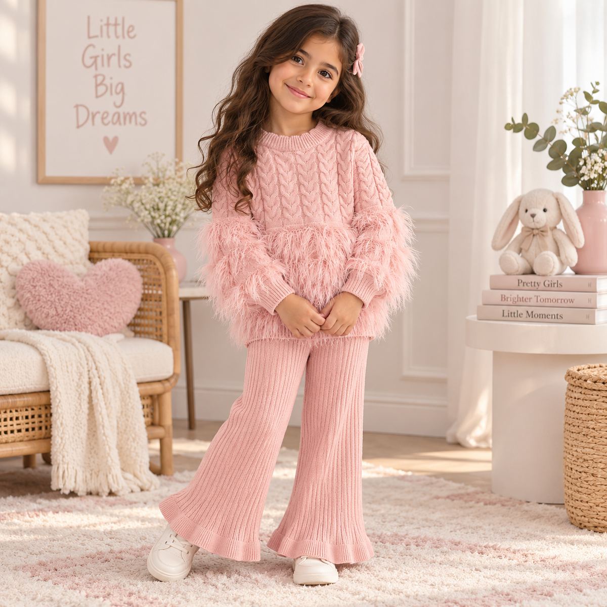 Girls Faux Fur Trim Knit 2-Piece Set 2-7Y