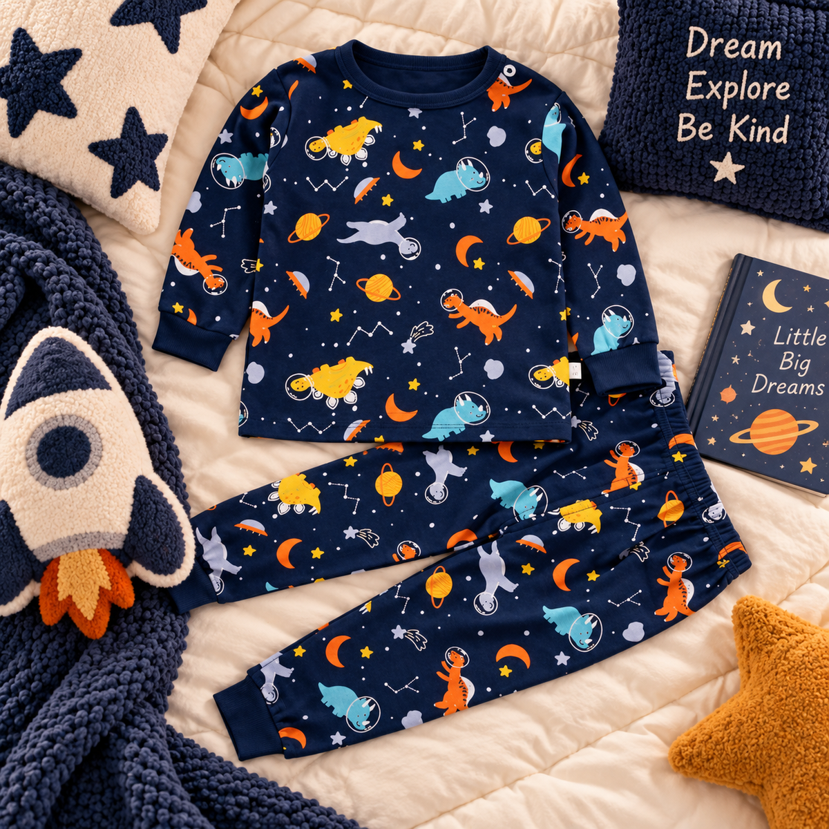 Boys’ 100% Cotton Space Dino Pajama Set | 0–8Y