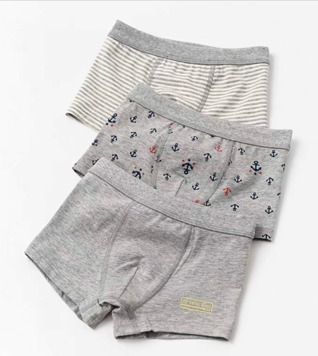 Boys Cotton Boxer Shorts (3 pcs) – Grey Anchors | Size 3–10Y