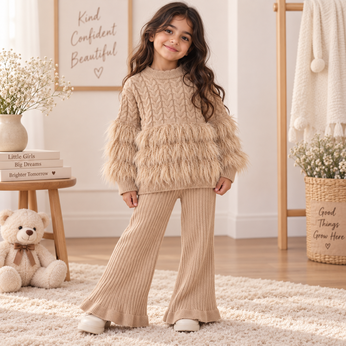 Girls Faux Fur Trim Knit 2-Piece Set 2-7Y