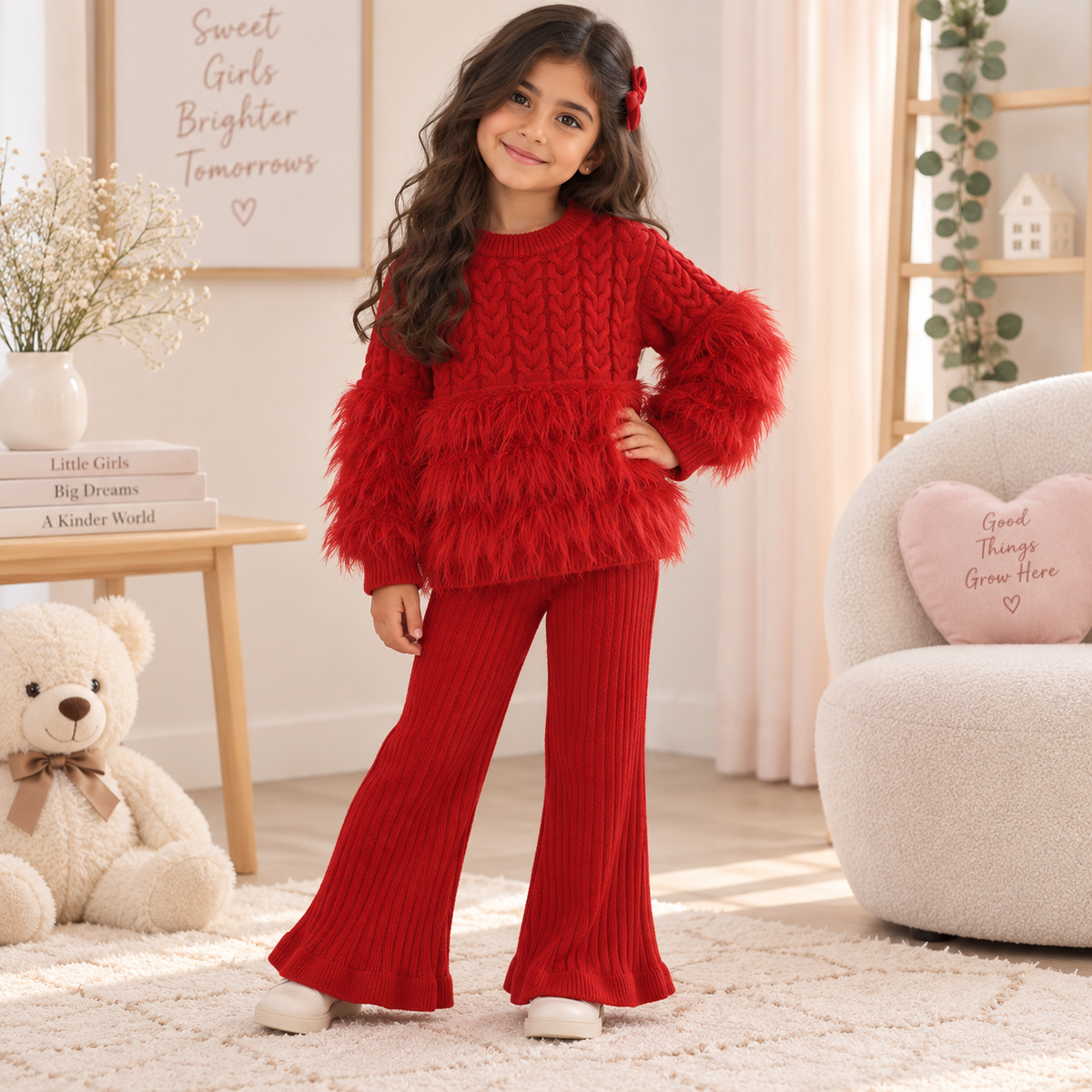 Girls Faux Fur Trim Knit 2-Piece Set 2-7Y