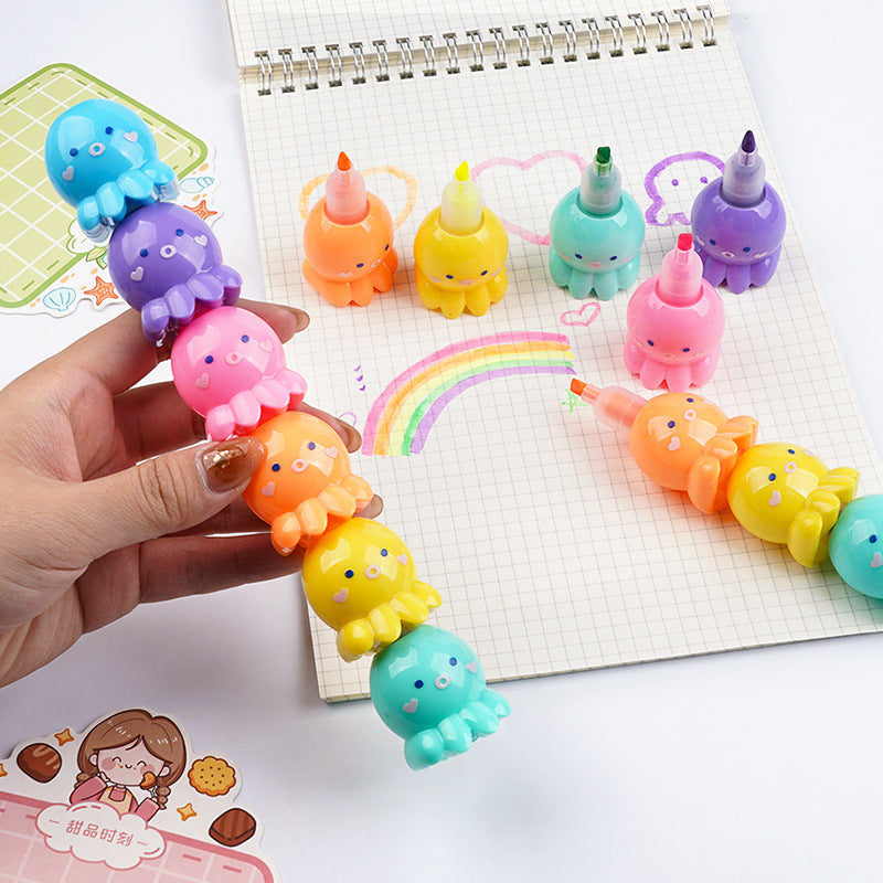 Highlighter Pens Set Of 6 Pcs Octopus Design