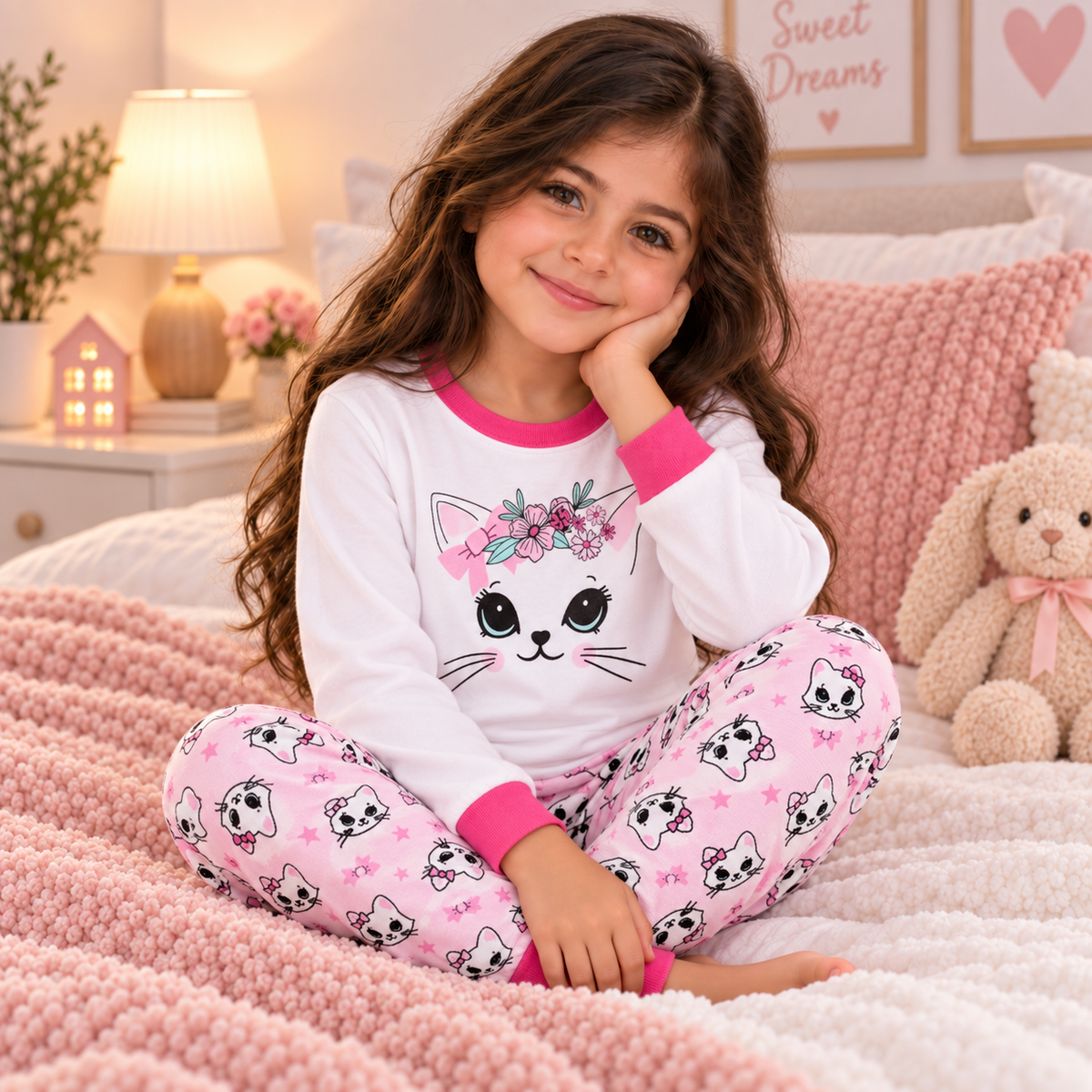 Girls’ 100% Cotton Flower Kitty Pajama Set | 0–8Y