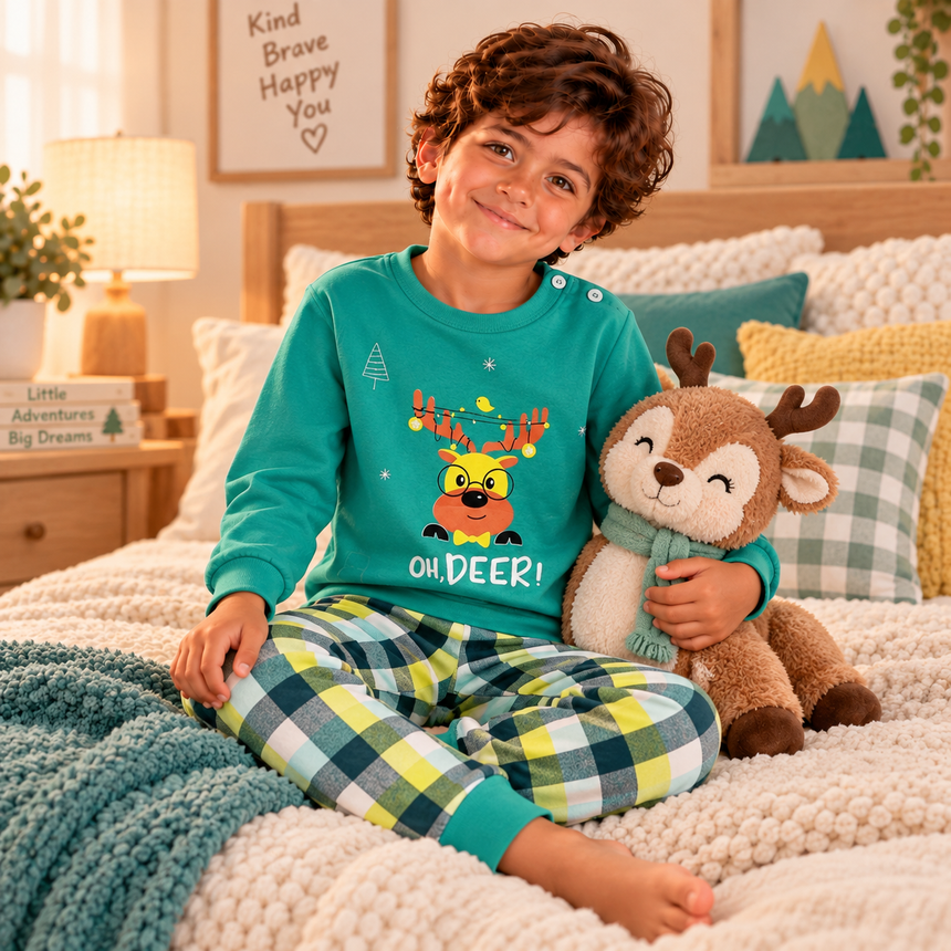 Boys’ 100% Cotton Christmas Pajama Set – Oh Deer | 0–8Y