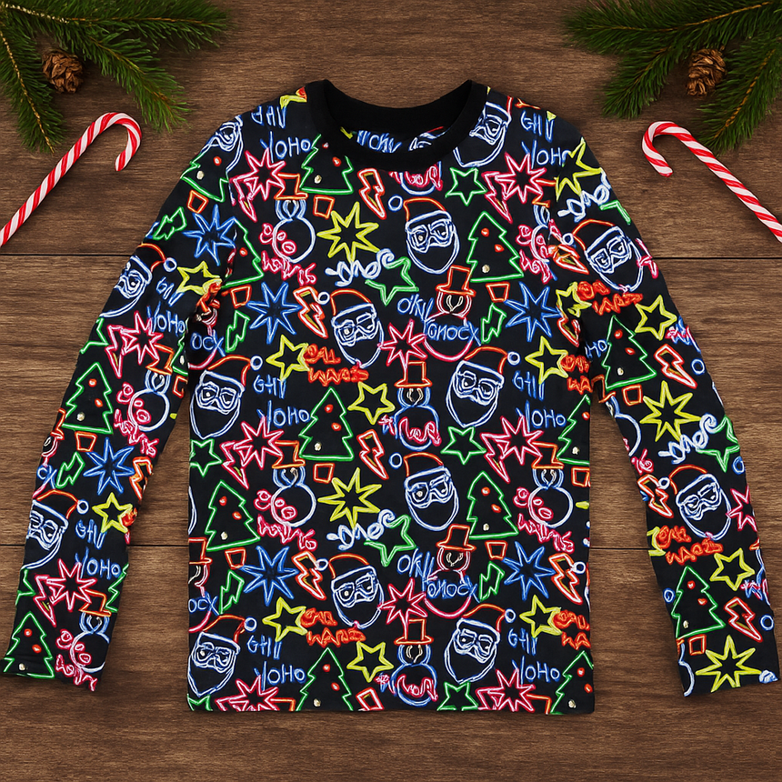 Kids’ Cotton Christmas Sweater – Neon Xmas Print | 12–13Y