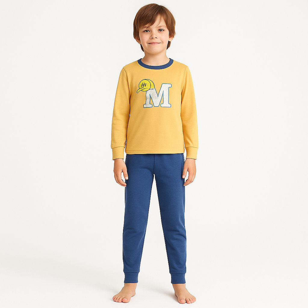Boys’ Cotton M Pajama Set – Mustard | 6–12Y