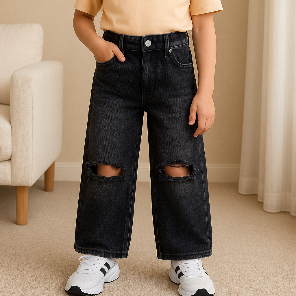 Black High-Waist Wide-Leg Jeans for Girls | 5–12Y
