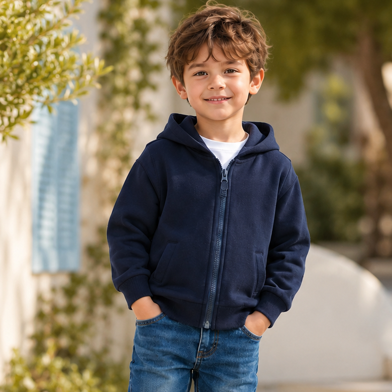 Boys’ Light Cotton Zip Hoodie – Navy | 3–10Y
