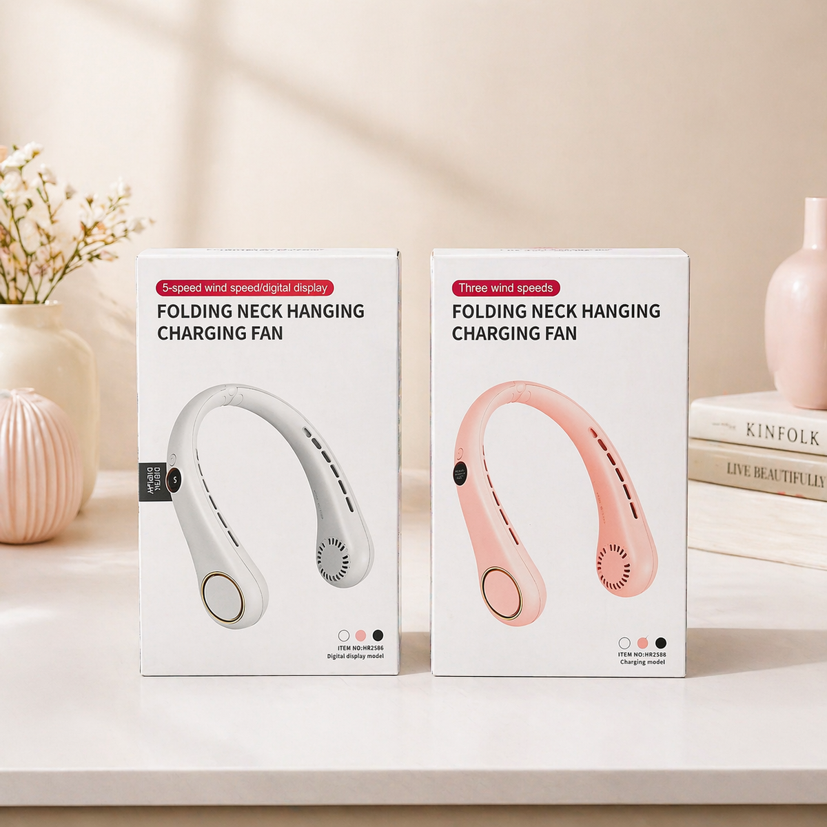 Folding Neck Hanging Charging Fan White & Pink