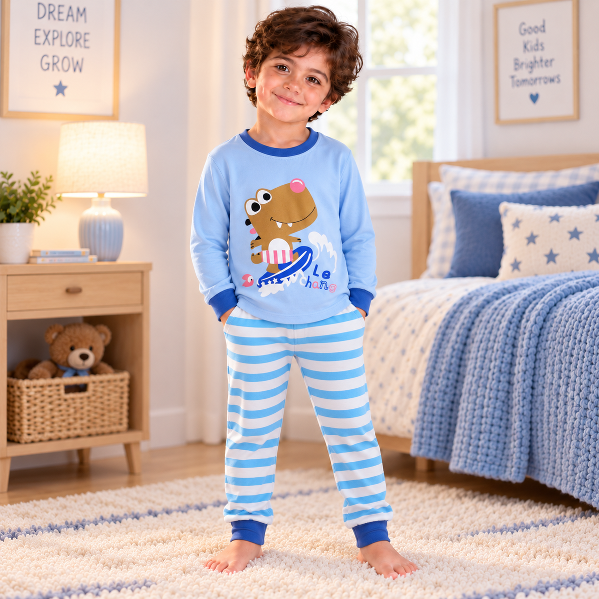 Boys’ 100% Cotton Surf Dino Pajama Set | 0–8Y
