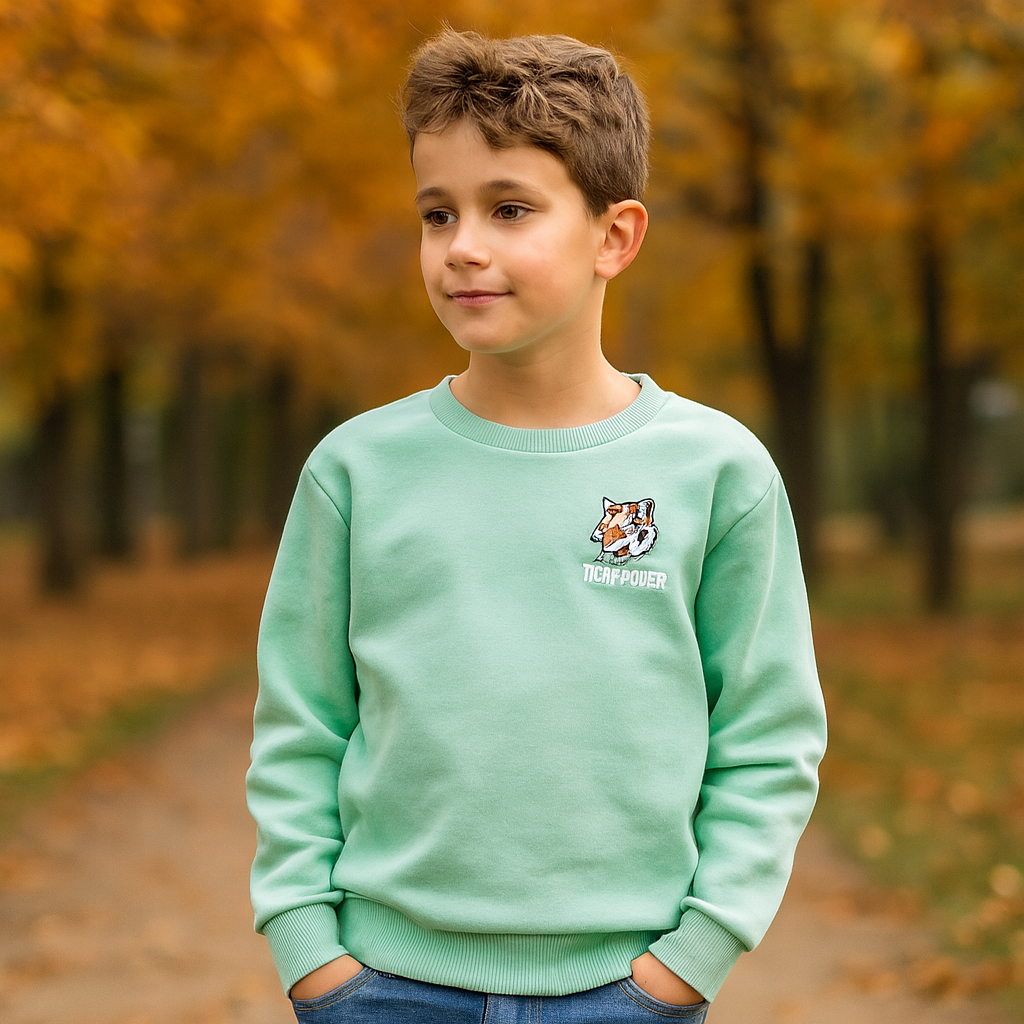 Kids’ Fleece Tiger Power Sweater – Mint | 7–8Y