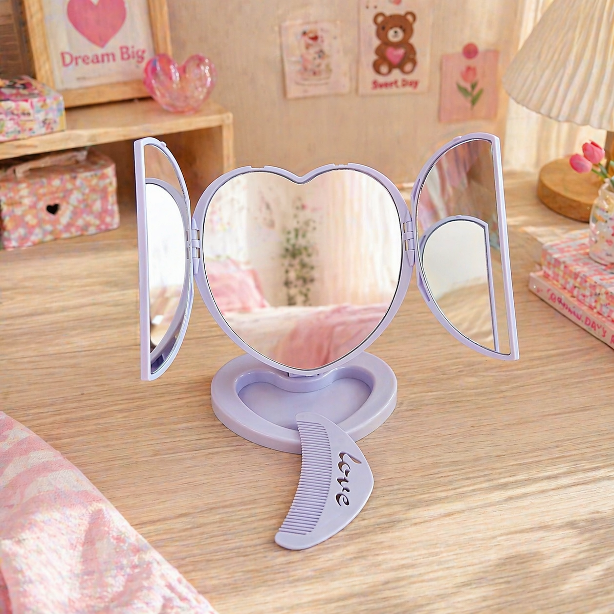 Heart-Shaped Folding Table Mirror with Comb