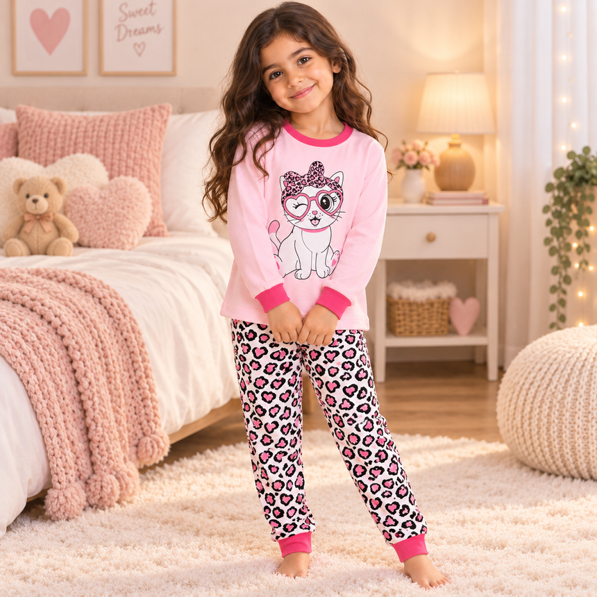 Girls’ 100% Cotton Leopard Kitty Pajama Set | 0–8Y