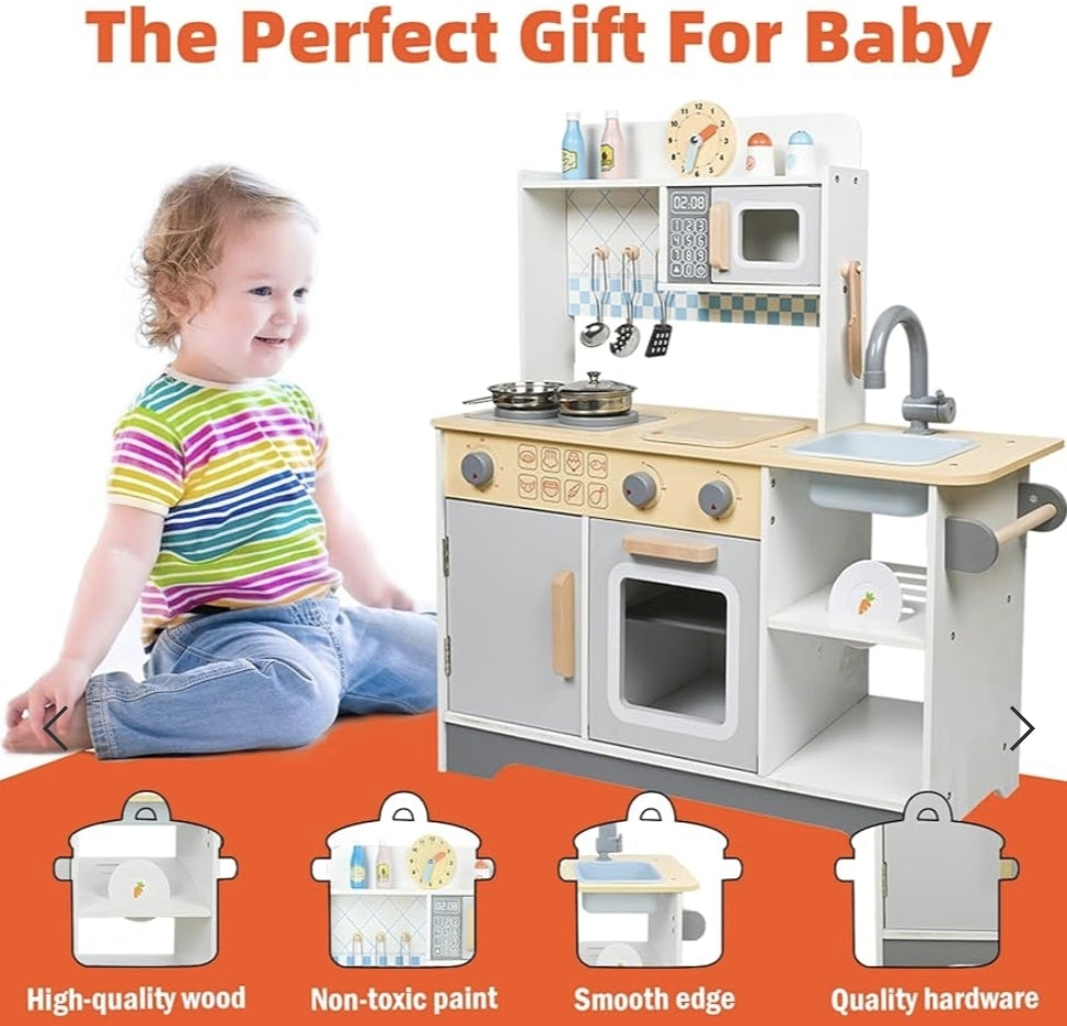 Wooden Kids Play Kitchen Set with 17 Accessories | 4+