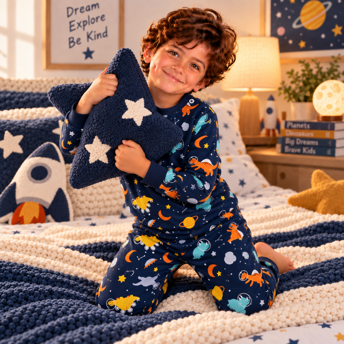 Boys’ 100% Cotton Space Dino Pajama Set | 0–8Y